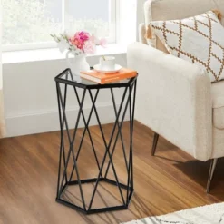 Costway End Table Tempered Glass Top Metal Frame Hexagonal Accent Side Table Living Room -Baxton Studio Store GUEST 0a415bb4 f8d3 4ee6 b895 e2920fe8834f