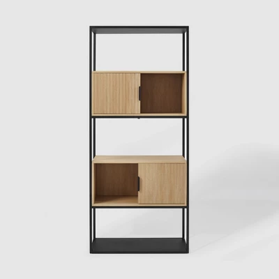 75" Modern Reeded Door Storage Bookshelf Coastal Oak/Black - Saracina Home 4 75" Modern Reeded Door Storage Bookshelf Coastal Oak/Black - Saracina Home - Image 2