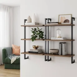 39" 3 Tier Wall Mount Floating Bookshelf Reclaimed Oak/Matte Black - Nathan James