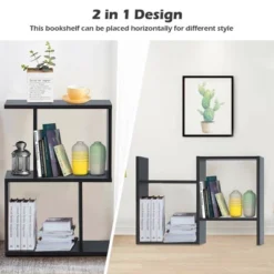 Costway 2-tier S-Shaped Bookcase Free Standing Storage Rack Wooden Display Decor Black -Baxton Studio Store GUEST 2b881284 0706 45ce b7d9 f63a3df7c17a