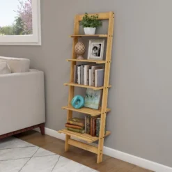 Hastings Home 5-Tier Bookshelf - 50" Tall, Pickled Oak Wood Finish