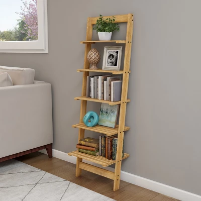Hastings Home 5-Tier Bookshelf - 50" Tall, Pickled Oak Wood Finish 3 Hastings Home 5-Tier Bookshelf - 50" Tall, Pickled Oak Wood Finish