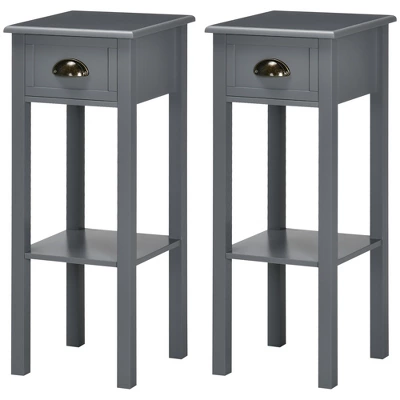 HOMCOM 2-Tier Side Table With Drawer, Narrow End Table With Bottom Shelf, For Living Room Or Bedroom, Set Of 2, Gray 5 HOMCOM 2-Tier Side Table With Drawer, Narrow End Table With Bottom Shelf, For Living Room Or Bedroom, Set Of 2, Gray - Image 3