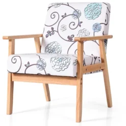 Costway Modern Accent Armchair Fabric Lounge Chair W/Rubber Wood Leg White&Blue Floral -Baxton Studio Store GUEST 52d776ca 81ad 49c8 877f 644b6a4cac09