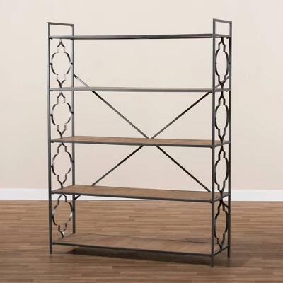 65" 5 Shelf Mirna Iron & Natural Oak Wood Quatrefoil Accent Bookshelf Brown/Black - Baxton Studio 4 65" 5 Shelf Mirna Iron & Natural Oak Wood Quatrefoil Accent Bookshelf Brown/Black - Baxton Studio - Image 2
