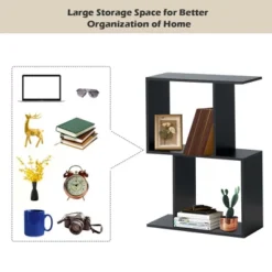 Costway 2-tier S-Shaped Bookcase Free Standing Storage Rack Wooden Display Decor Black -Baxton Studio Store GUEST 6382e0ea 7ca6 41cf bd78 324deaa350ae