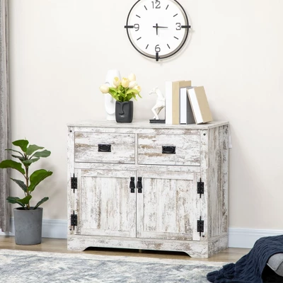 HOMCOM Rustic Storage Cabinet Sideboard With 2 Drawers And 2 Cupboard, Distressed White 4 HOMCOM Rustic Storage Cabinet Sideboard With 2 Drawers And 2 Cupboard, Distressed White - Image 2