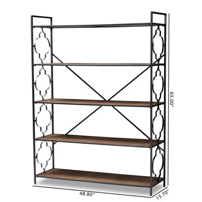 65" 5 Shelf Mirna Iron & Natural Oak Wood Quatrefoil Accent Bookshelf Brown/Black - Baxton Studio 5 65" 5 Shelf Mirna Iron & Natural Oak Wood Quatrefoil Accent Bookshelf Brown/Black - Baxton Studio - Image 3