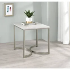 Leona End Table Faux White Marble/Satin Nickel - Coaster