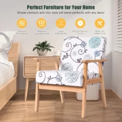 Costway Modern Accent Armchair Fabric Lounge Chair W/Rubber Wood Leg White&Blue Floral -Baxton Studio Store GUEST 7d19d863 636c 4235 bef5 c3ad8061842e