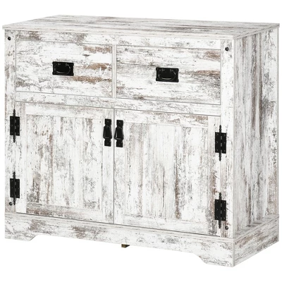 HOMCOM Rustic Storage Cabinet Sideboard With 2 Drawers And 2 Cupboard, Distressed White 5 HOMCOM Rustic Storage Cabinet Sideboard With 2 Drawers And 2 Cupboard, Distressed White - Image 3