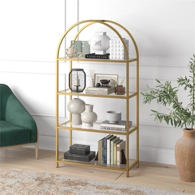 62 In. Arched Brass Finish Bookcase - Henn&Hart 7 62 In. Arched Brass Finish Bookcase - Henn&Hart - Image 5