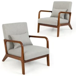 Costway Set Of 2 Accent Chairs Leisure Armchair With Rubber Wood Frame&Lumbar Pillow Gray/Beige -Baxton Studio Store GUEST 9333bd3d 592f 4aad a534 b4643f92b412