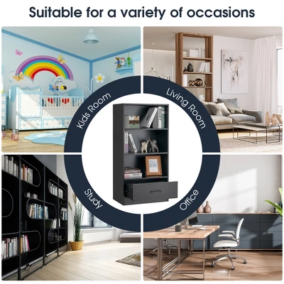 Costway 48'' Tall 4-tier Storage Shelf Wood Bookcase W/Drawer Home Organizer Display Rack 10 Costway 48'' Tall 4-tier Storage Shelf Wood Bookcase W/Drawer Home Organizer Display Rack - Image 8