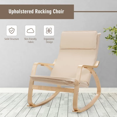 Costway Modern Bentwood Rocking Chair Fabric Upholstered Relax Rocker Lounge Chair GrayBeige 6 Costway Modern Bentwood Rocking Chair Fabric Upholstered Relax Rocker Lounge Chair GrayBeige - Image 4