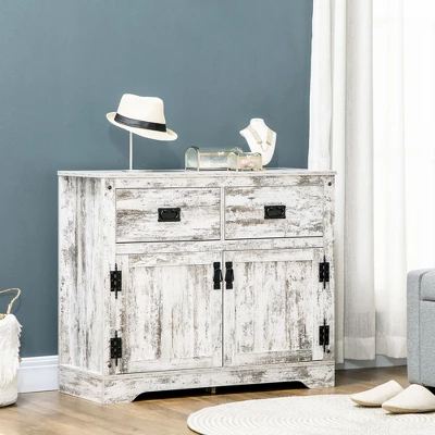 HOMCOM Rustic Storage Cabinet Sideboard With 2 Drawers And 2 Cupboard, Distressed White 3 HOMCOM Rustic Storage Cabinet Sideboard With 2 Drawers And 2 Cupboard, Distressed White