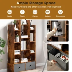 Costway Industrial Bookshelf Rustic Wooden Shelf Organizer With 2 Non-woven Fabric Drawer -Baxton Studio Store GUEST dbc2b8f8 a93c 4b39 82c6 c1ff2c43dcd7