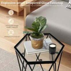 Costway End Table Tempered Glass Top Metal Frame Hexagonal Accent Side Table Living Room -Baxton Studio Store GUEST ee3e19e9 6240 4e16 b6b1 482e50a75376