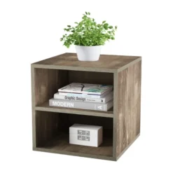 End Table - Stackable Contemporary Minimalist Modular Cube Accent Table Double Shelves For Bedroom, Living Room Or Office By Hastings Home (Gray)